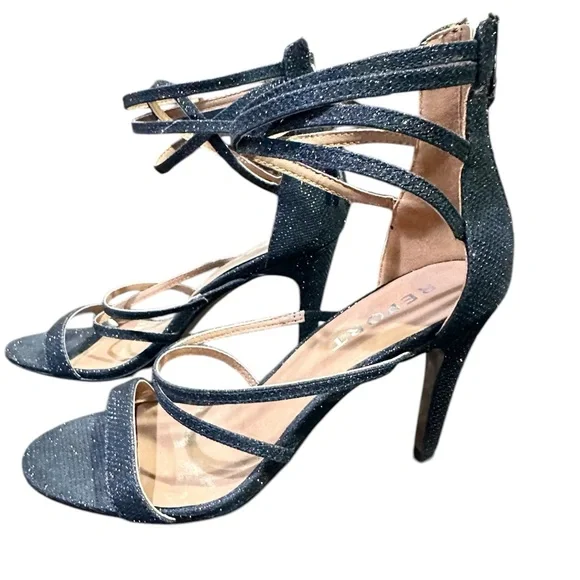 Black/ Sparkly Strappy 3 1/2” High Heel Sandals, Report, worn one time, size 7 - Picture 5 of 12